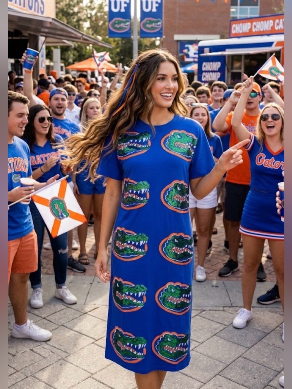 New! QUEEN OF SPARKLES Licensed Florida Gators Sequin Mascot Midi Dress